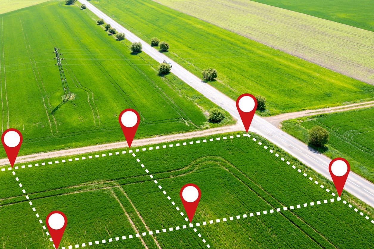 Czech realty business – Land plot in aerial view. Gps registration survey of property, real estate for map with location, area. Concept for residential construction development – buy and sell the house allotment