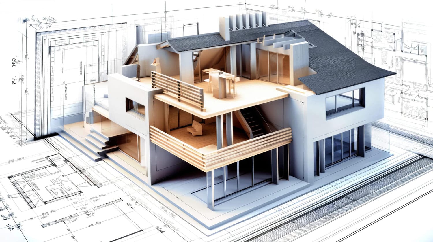 Building house on blueprints – construction project. Generative
