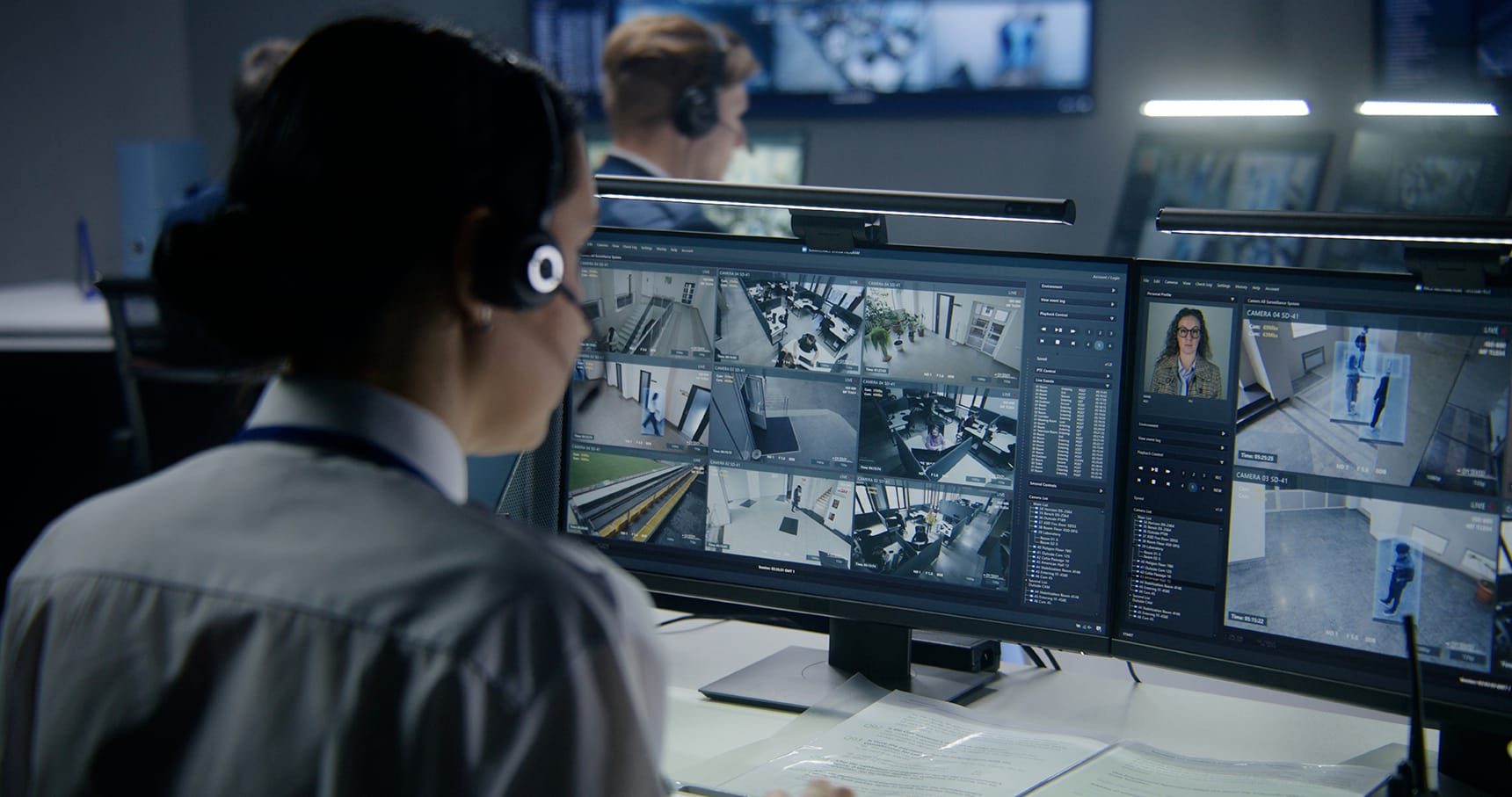Employees work on PC in security control center, watch CCTV cameras